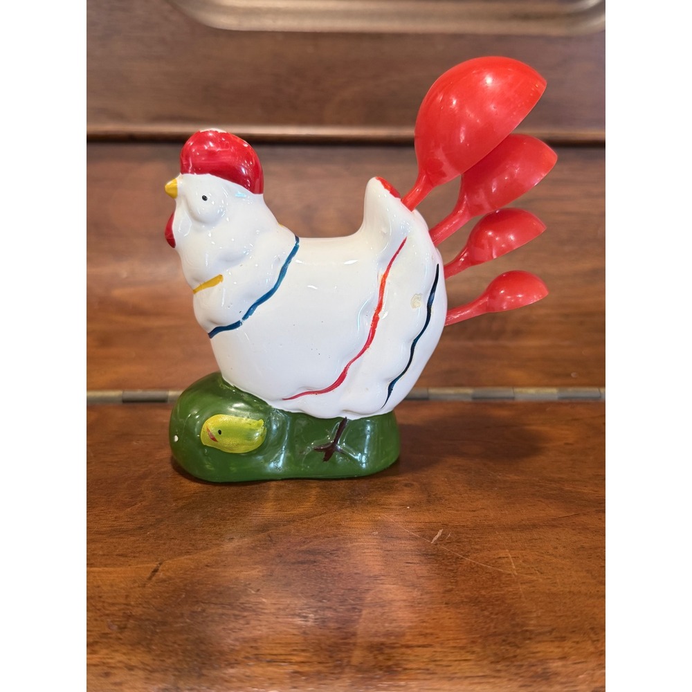 Vintage Ceramic Hen Chicken Measuring Spoon Holder with 4 Red Plastic Spoons
